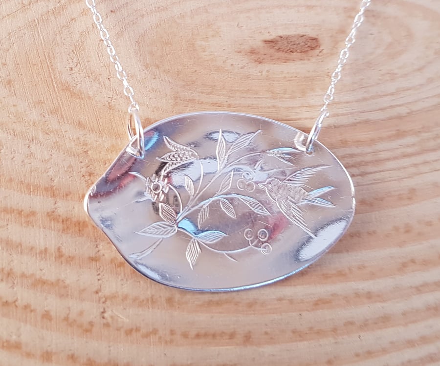 Sterling Silver Upcycled Engraved Bird Spoon Necklace Pendant