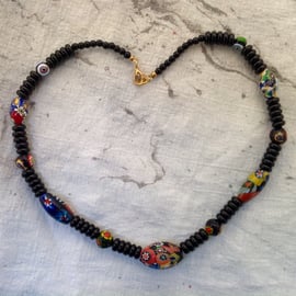 millefiori bead necklace with vintage and modern beads 