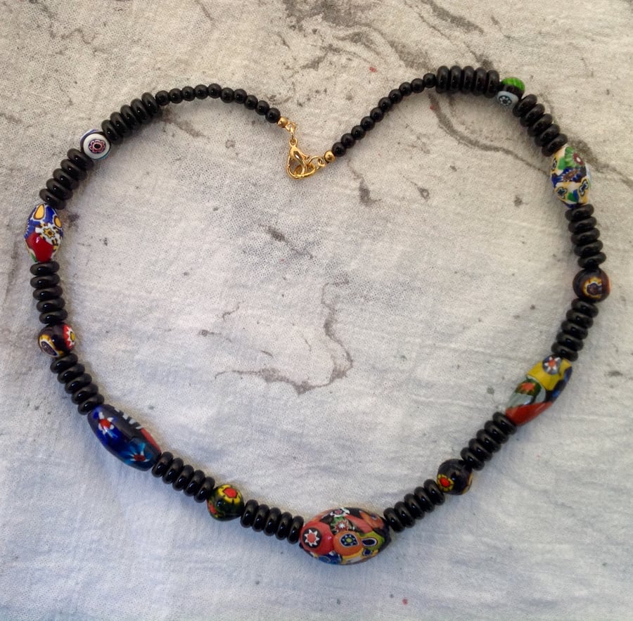 millefiori bead necklace with vintage and modern beads 