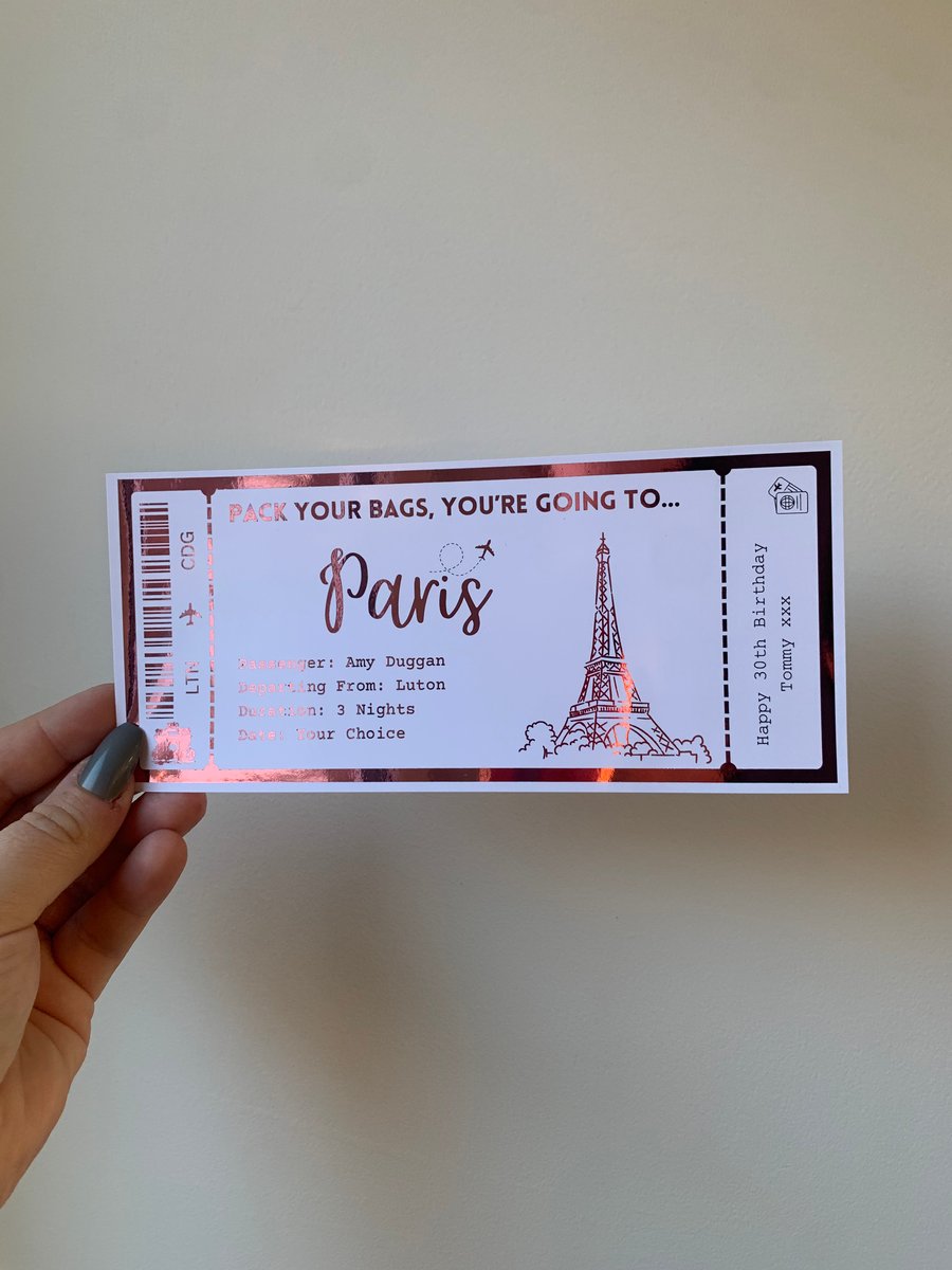 Paris Boarding Pass, Any Personalised Holiday Foil Gift Ticket Voucher