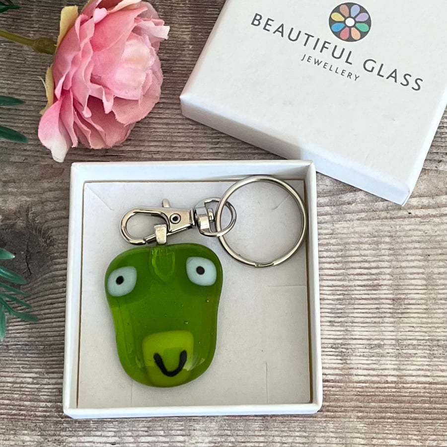Frog keyring, teacher gift, cute animal present, fused glass, wildlife lover