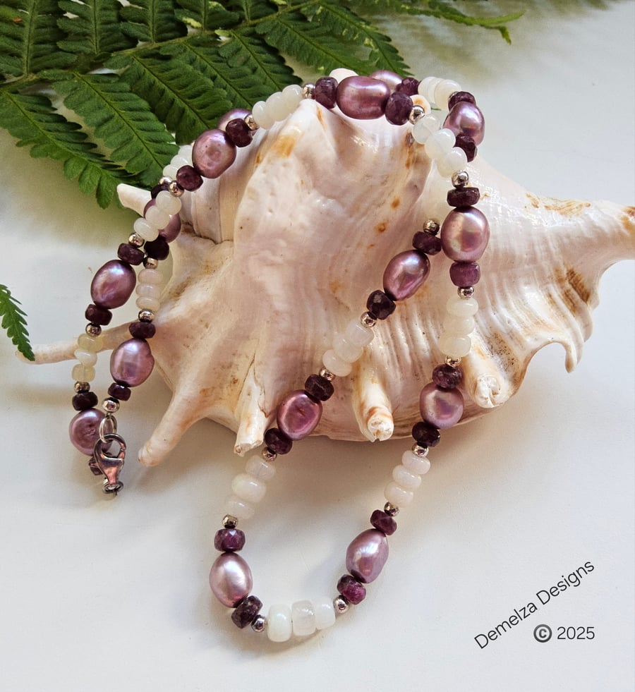 African Ruby, Ethopian Wello Opal & Baroque Pearl Sterling Silver Necklace