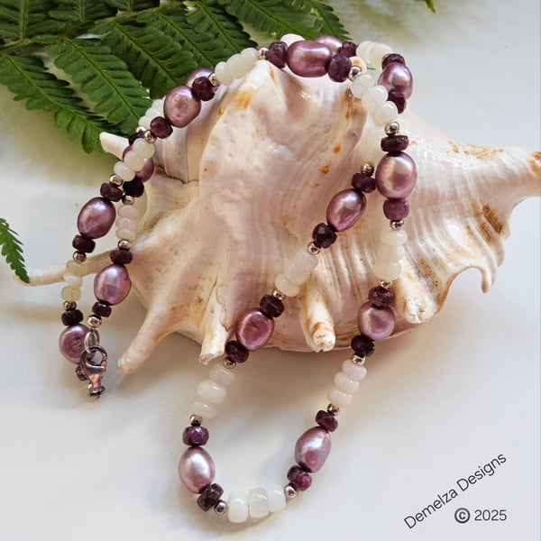 African Ruby, Ethopian Wello Opal & Baroque Pearl Sterling Silver Necklace