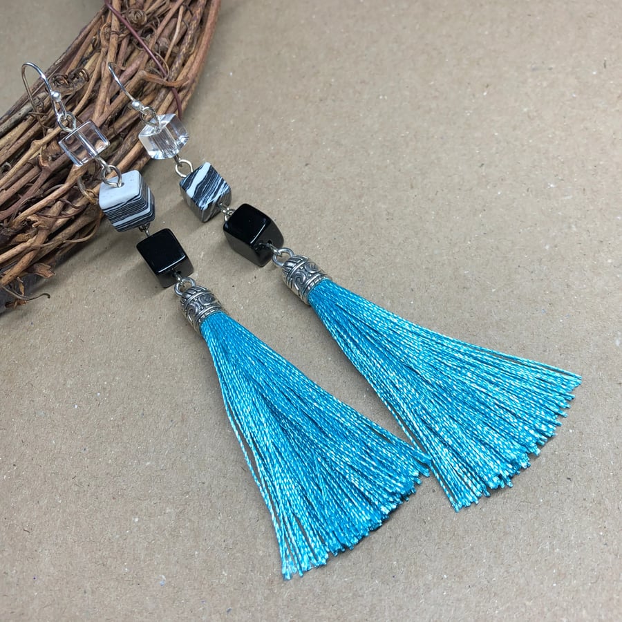 Turquoise tassel earrings with glass cubes