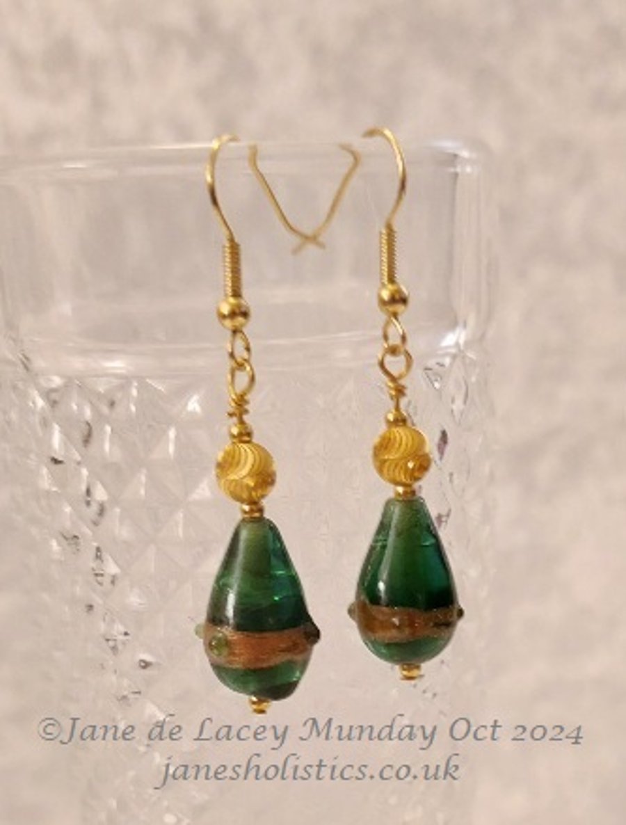 Green Teardrop lampwork glass bead Drop Earrings