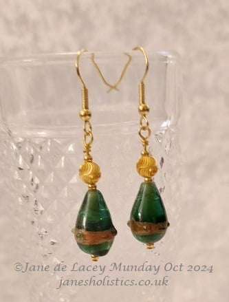 Green Teardrop lampwork glass bead Drop Earrings