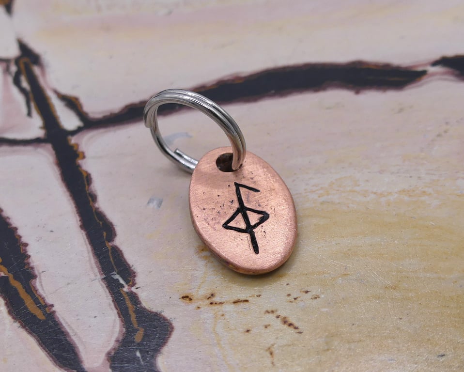 Recycled Oval Copper Health Bindrune Split Keyring Charm, Bag Charm.