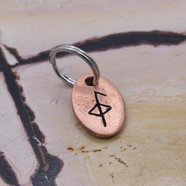 Recycled Oval Copper Health Bindrune Split Keyring Charm, Bag Charm.