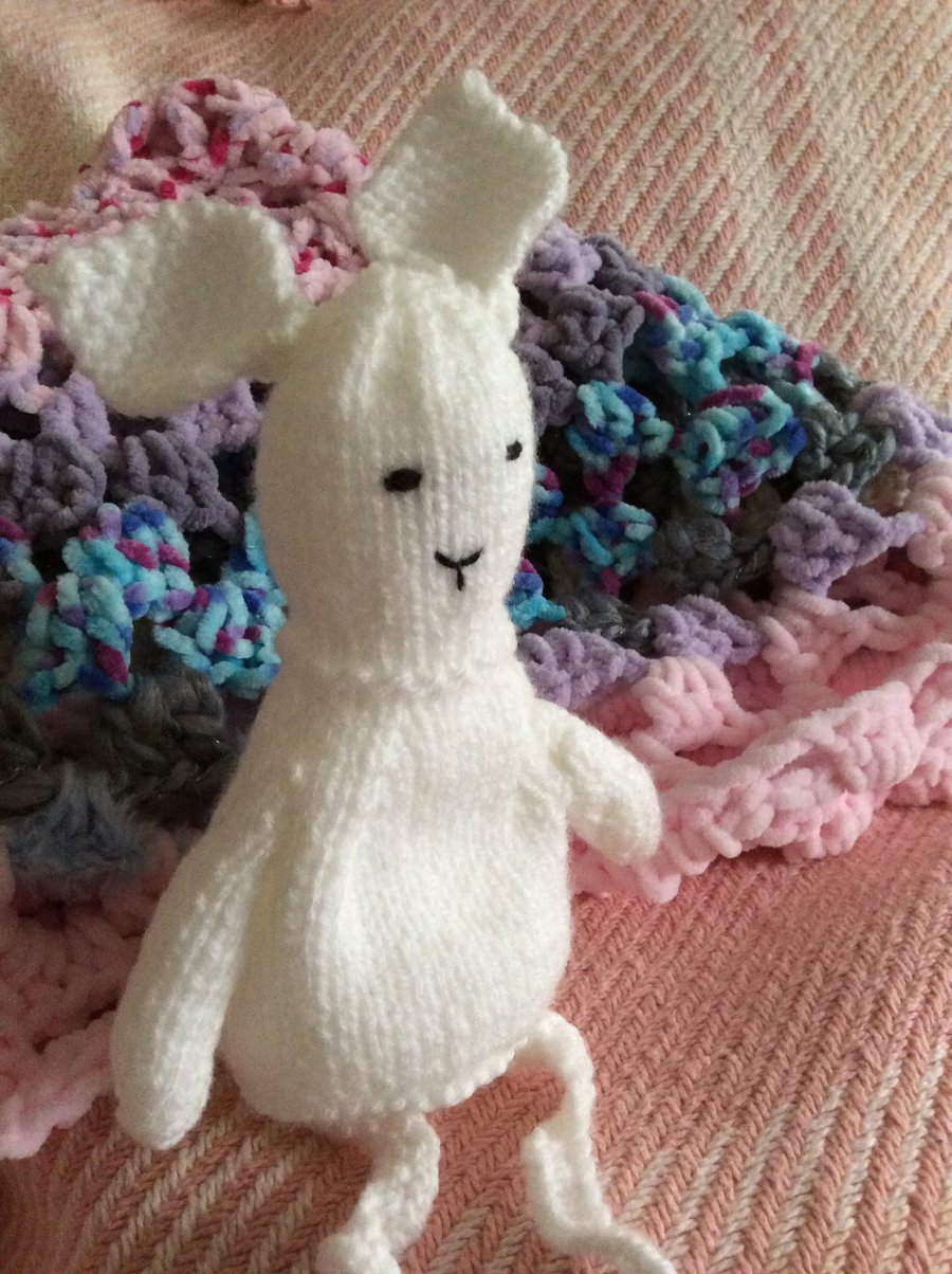 Knitted White Bunny with Wavy Twisted Spiral Dangly Legs