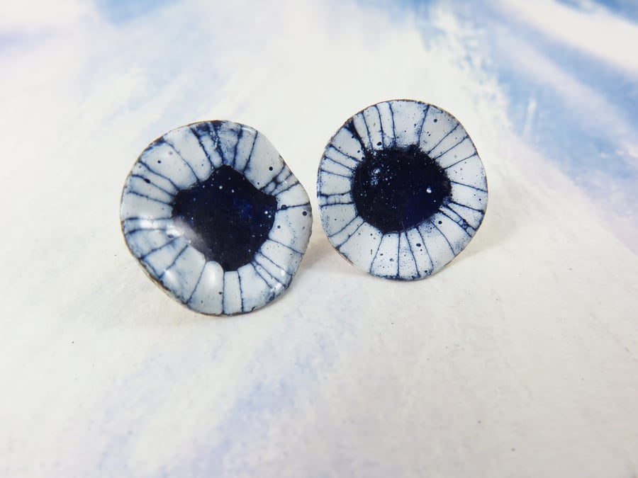 Studs with Blue and White Enamel and Hand Drawn Detail