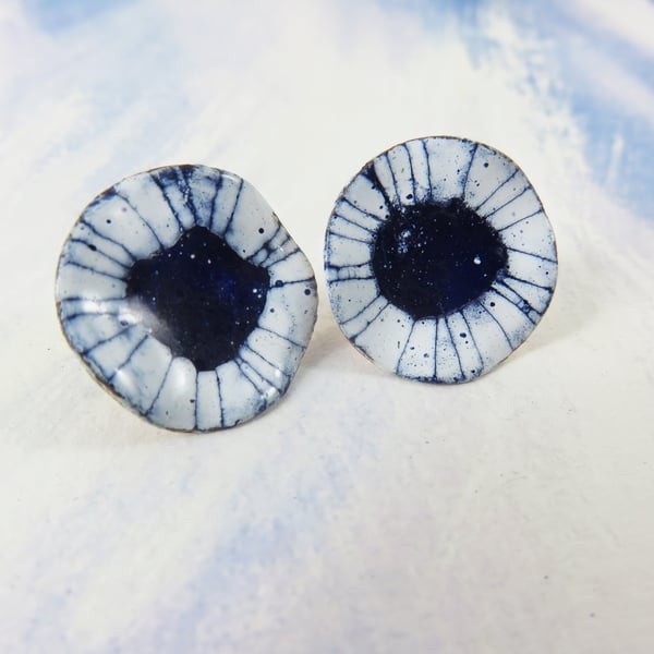 Studs with Blue and White Enamel and Hand Drawn Detail