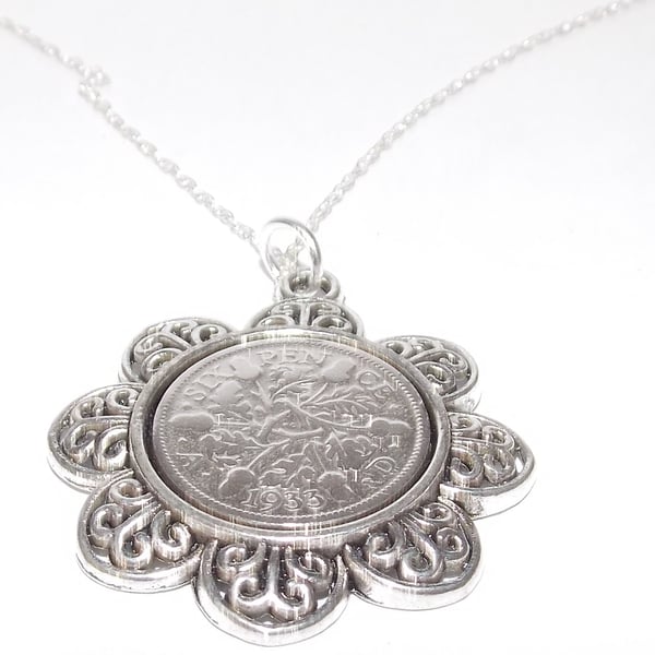 Floral Pendant 1933 Lucky sixpence 91st Birthday plus a Sterling Silver 18in Cha