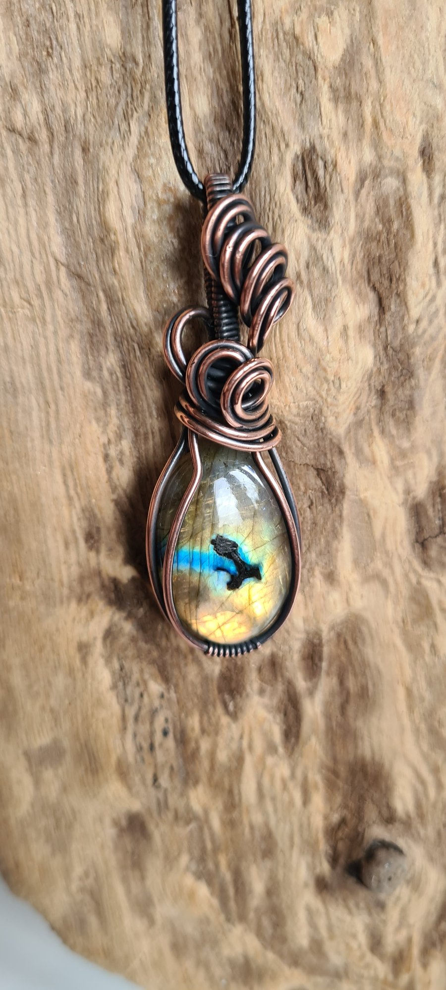 Handmade Unique Natural Yellow Labradorite & Copper Pendant Necklace Gift Boxed