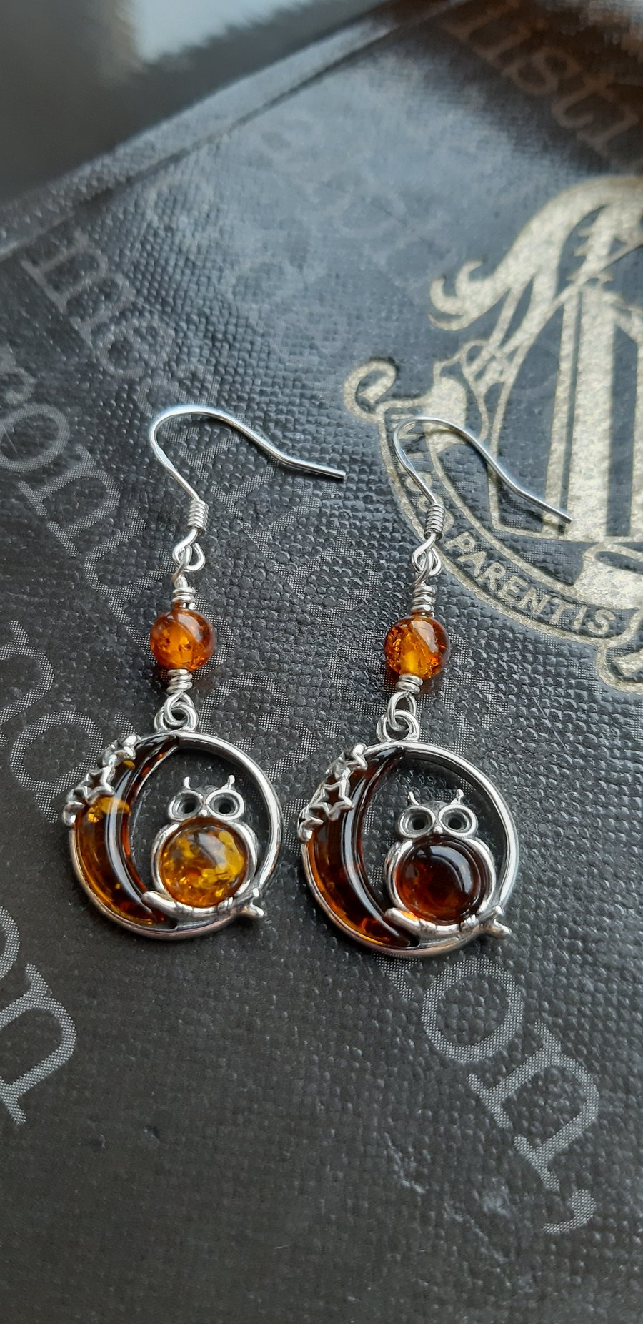 Baltic Amber Owl and the Moon Sterling Silver Earrings 