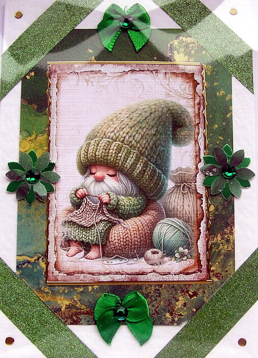 Knitting Gnome - Hand Crafted Decoupage Greeting Card - Blank 2819