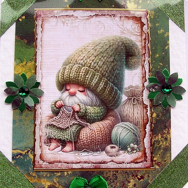 Knitting Gnome - Hand Crafted Decoupage Greeting Card - Blank 2819