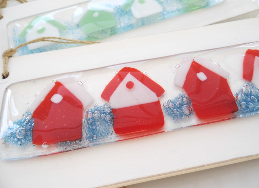 beach huts fused glass hanger