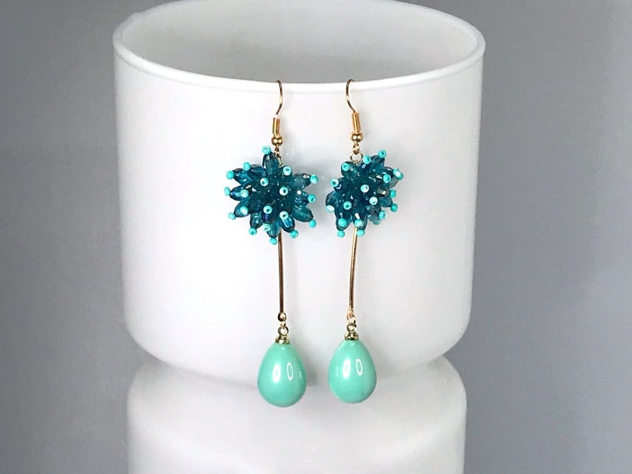 BLUE BEADED EARRINGS aquamarine faux pearl gold seed beeds 