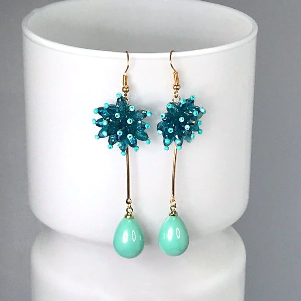 BLUE BEADED EARRINGS aquamarine faux pearl gold seed beeds 