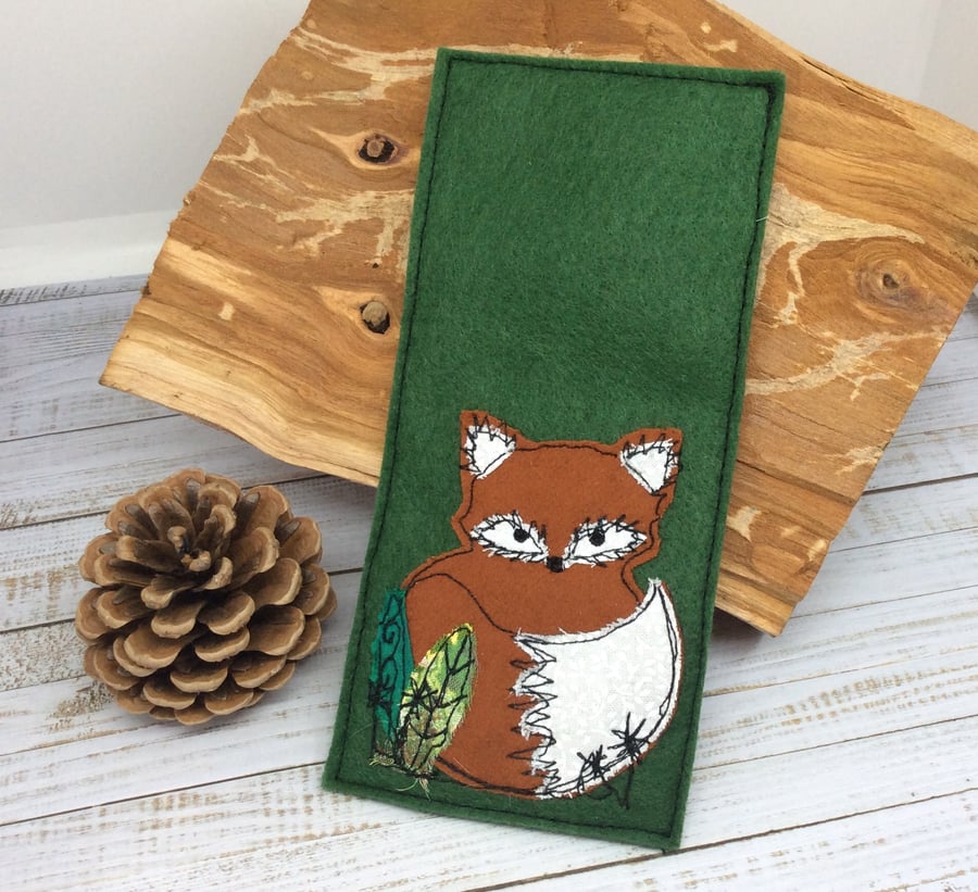 Embroidered Mr Fox bookmark with leaves. 