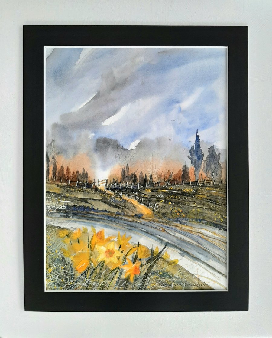 Daffodils. Landscape Painting. Mixed Media. Easter Gift