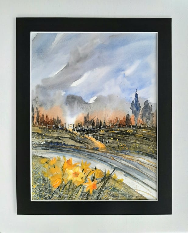 Daffodils, Not Tulips. Landscape Painting. Mixed Media. Original Painting.