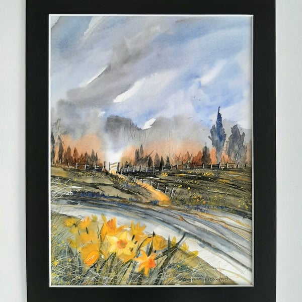 Daffodils. Landscape Painting. Mixed Media