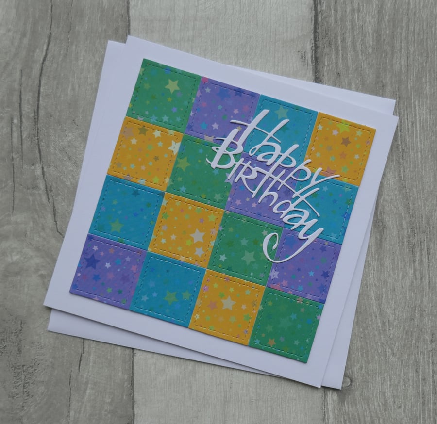 Happy Birthday Bright Patchwork Stars - Birthday Card