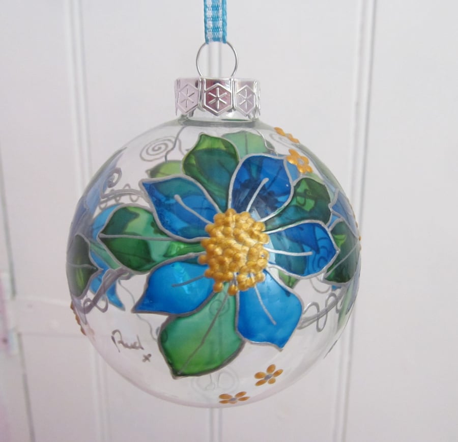 Hand Painted Glass Bauble Suncatcher (Turqoise Clematis)