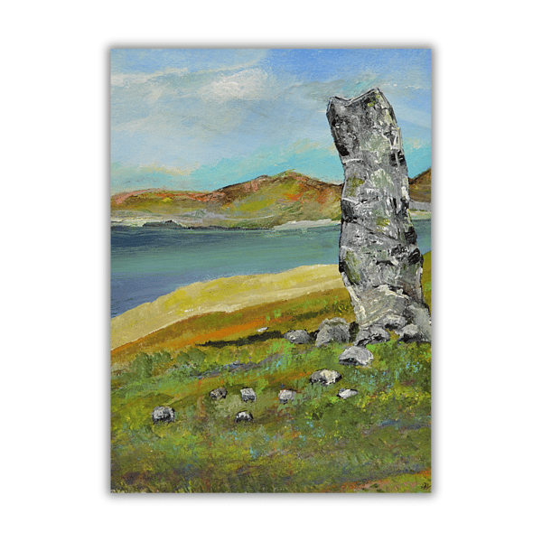 An acrylic painting of a standing stone - beach - The Isle of Harris, Scotland