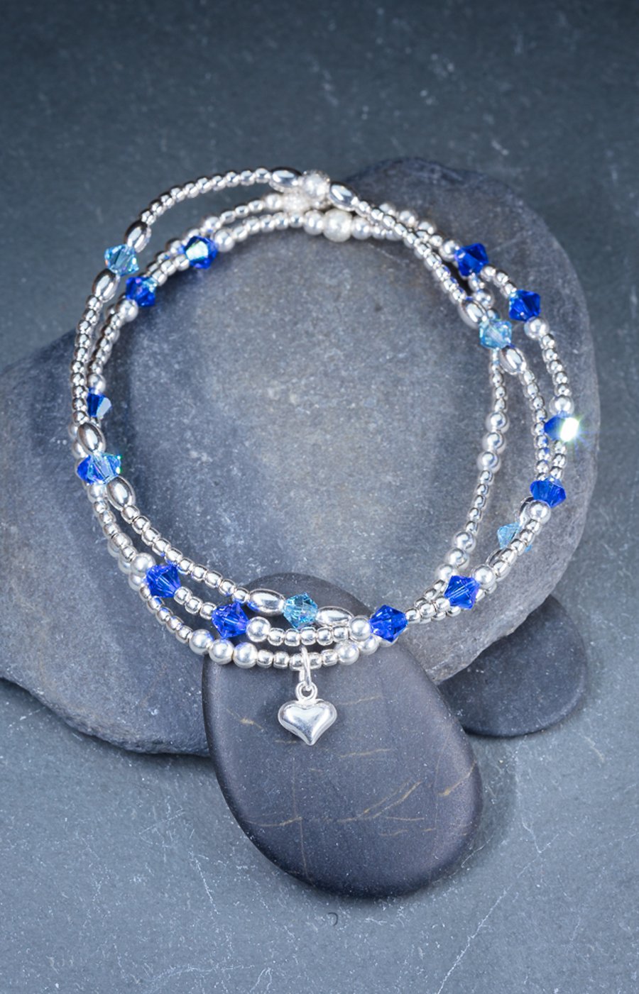 Stacking bracelets sterling silver with blue swarovski beads and charm