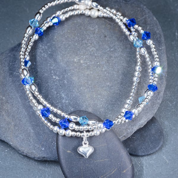 Stacking bracelets sterling silver with blue swarovski beads and charm