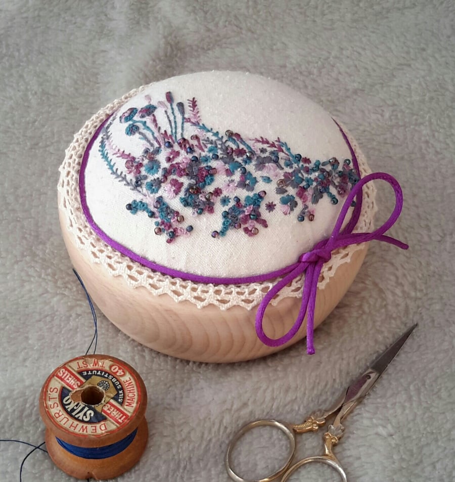 Hand Embroidered & Beaded Cupcake Pin Cushion, Keepsake Pincushion
