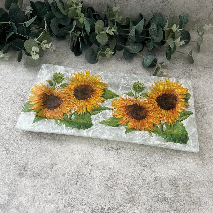 Decoupage Upcycled Large Glass Trinket Tray: Sunflowers, Cottage Style, Rustic