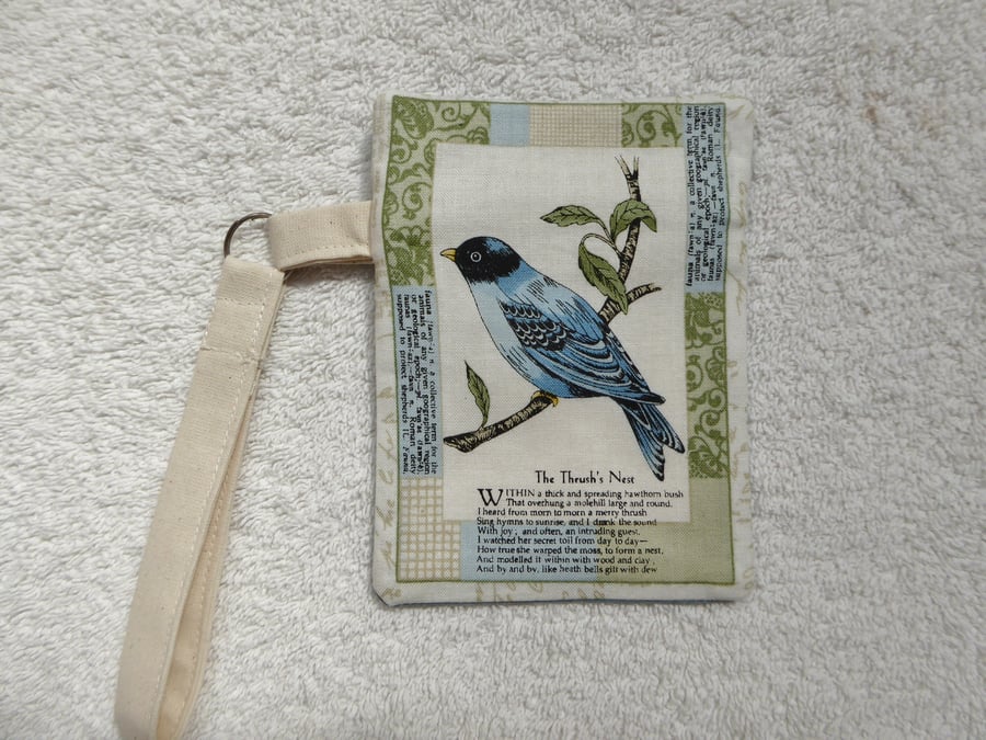 Blue Bird Postcard Print Zipped Purse with Wrist Strap