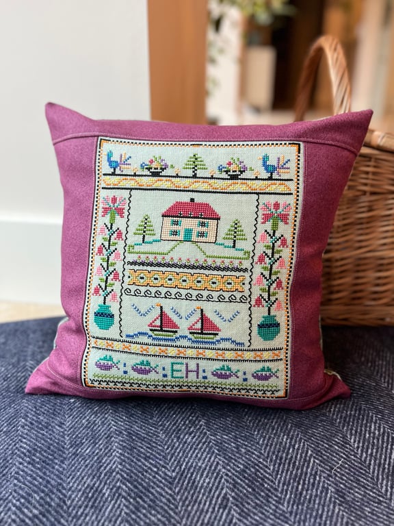 Cross stitch Sampler cushion cover with Liberty linen back