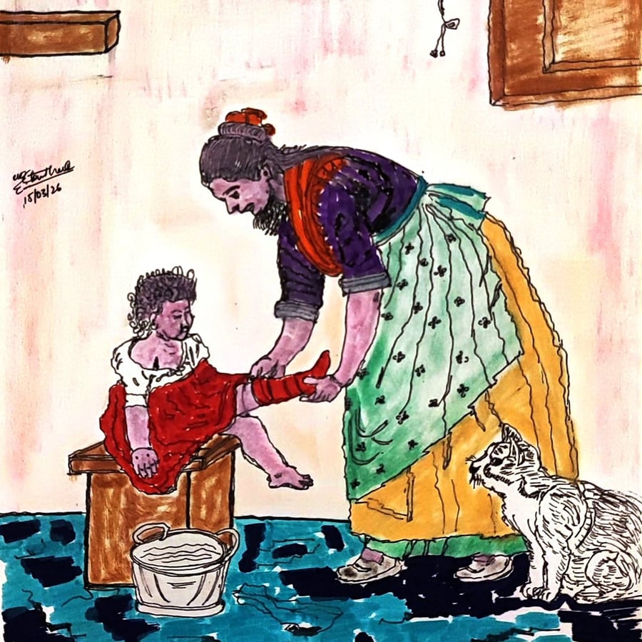 Mother and Daughter Bath Time – Traditional mixed media Daily Life Illustration