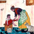 Mother and Daughter Bath Time – Traditional mixed media Daily Life Illustration