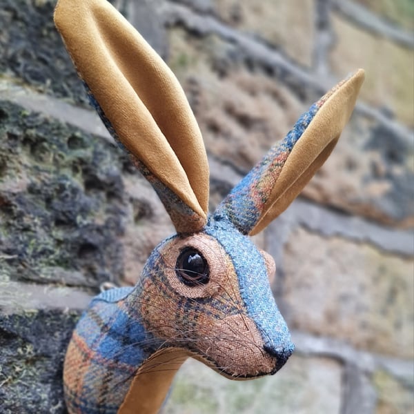Faux hare head wall mount in saffron and pale blue wool tartan- Mr Hamish