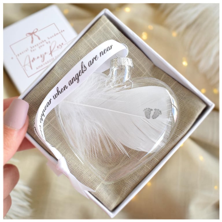 Baby Memorial Feather Bauble, Baby Feet Heart Glass Christmas Ornament, Remembra