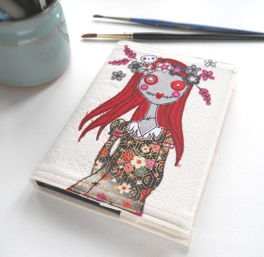 free machine embroidered floral crown zombie A6 sketchbook red