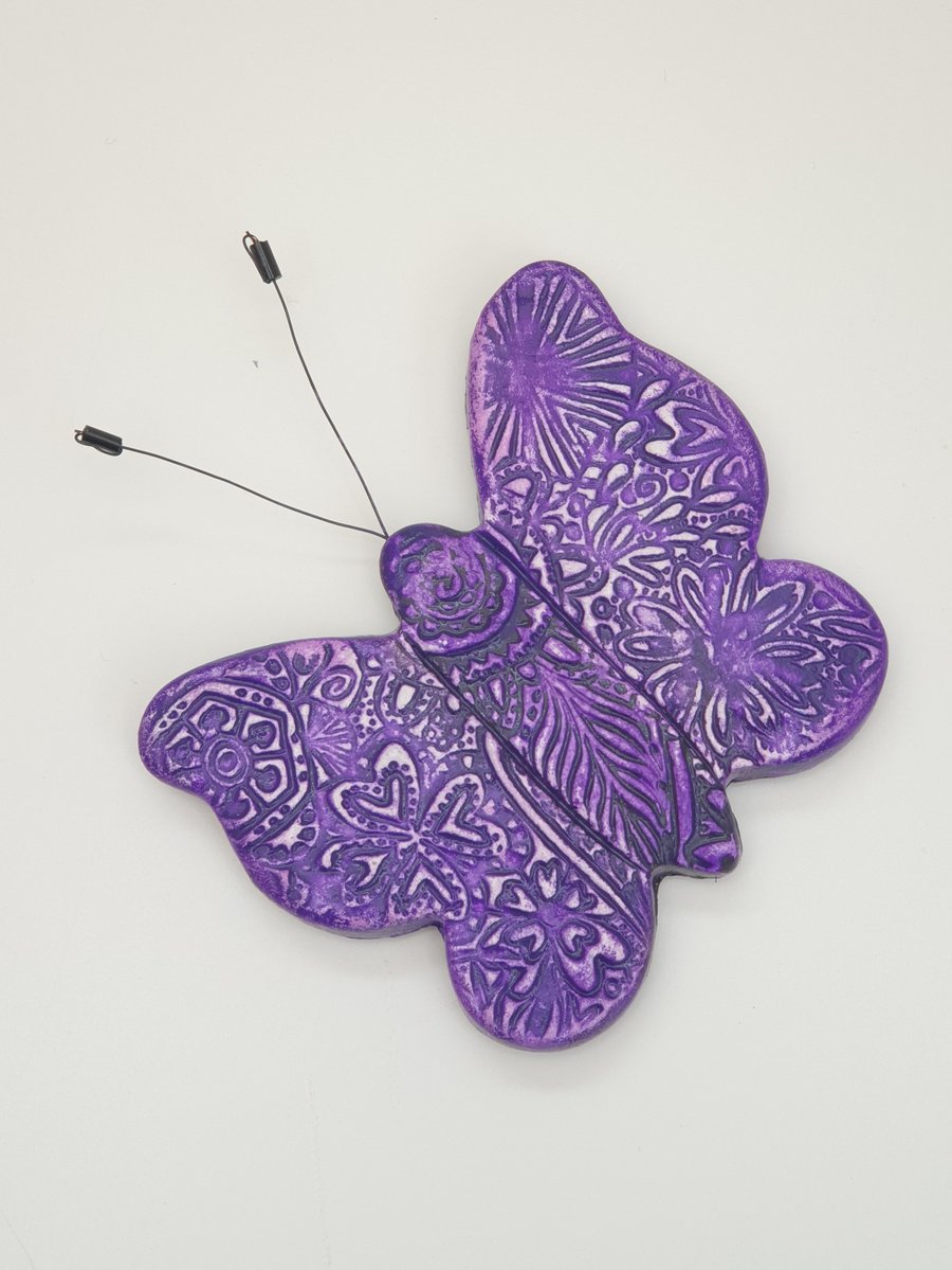 Purple butterfly clay fridge magnet, kitchen gift for her