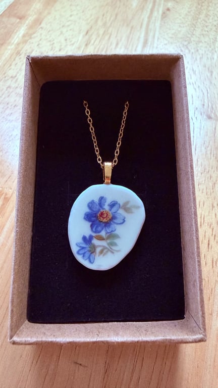 Upcycled bone china necklace blue floral
