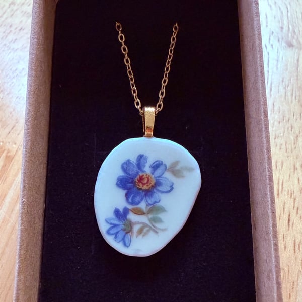 Upcycled bone china necklace blue floral
