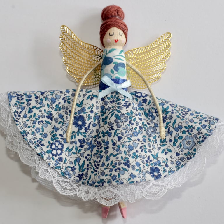 Liberty London 'Katie and Millie' Fabric Handmade Peg Doll (red-brown hair)