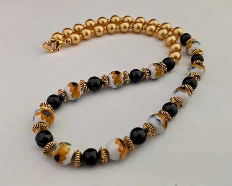 Yellow sunflower ceramic bead necklace - 1002715