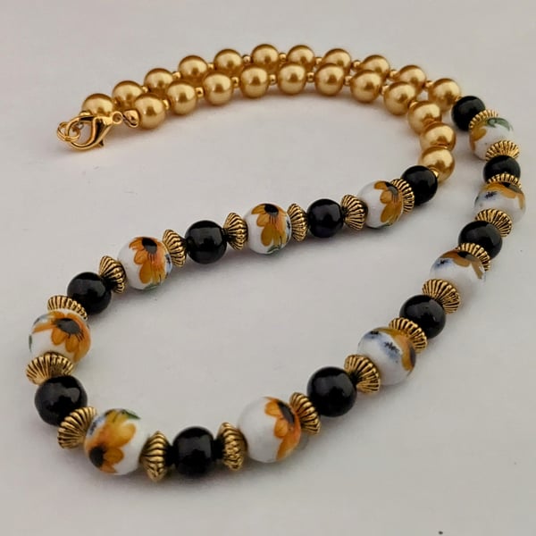 Yellow sunflower ceramic bead necklace - 1002715