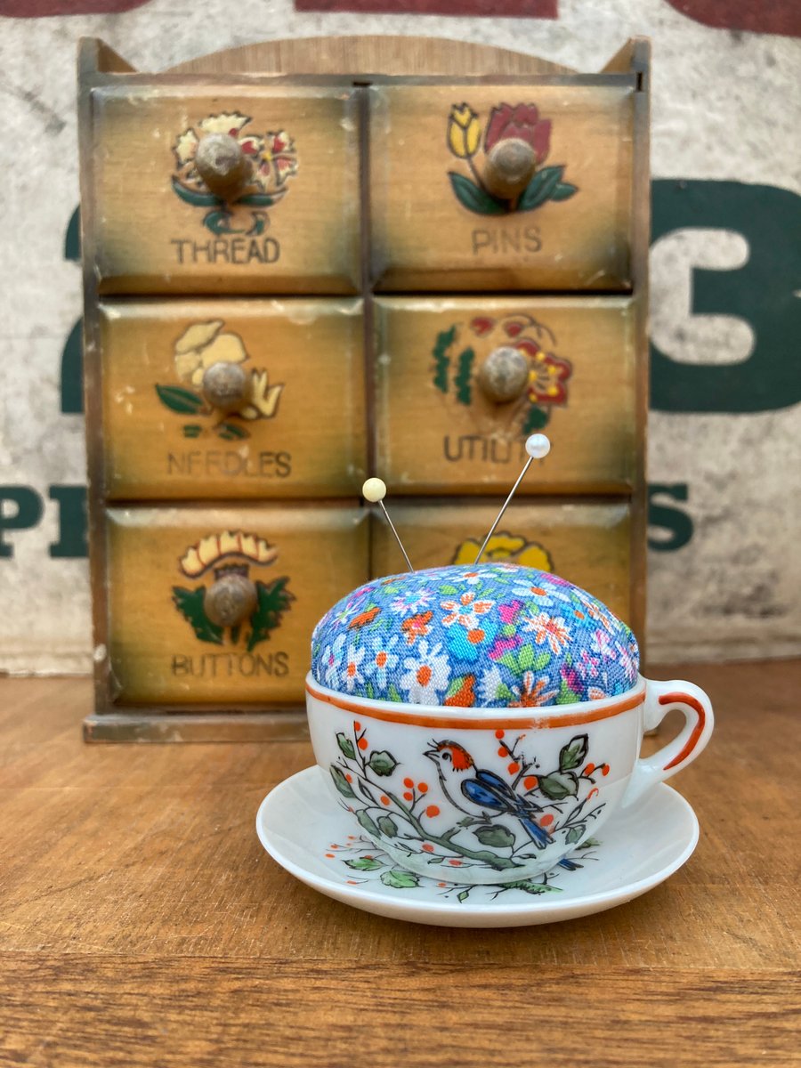 Pin Cushion made from Vintage Fabric and a Vintage Toy Tea Cup and Saucer