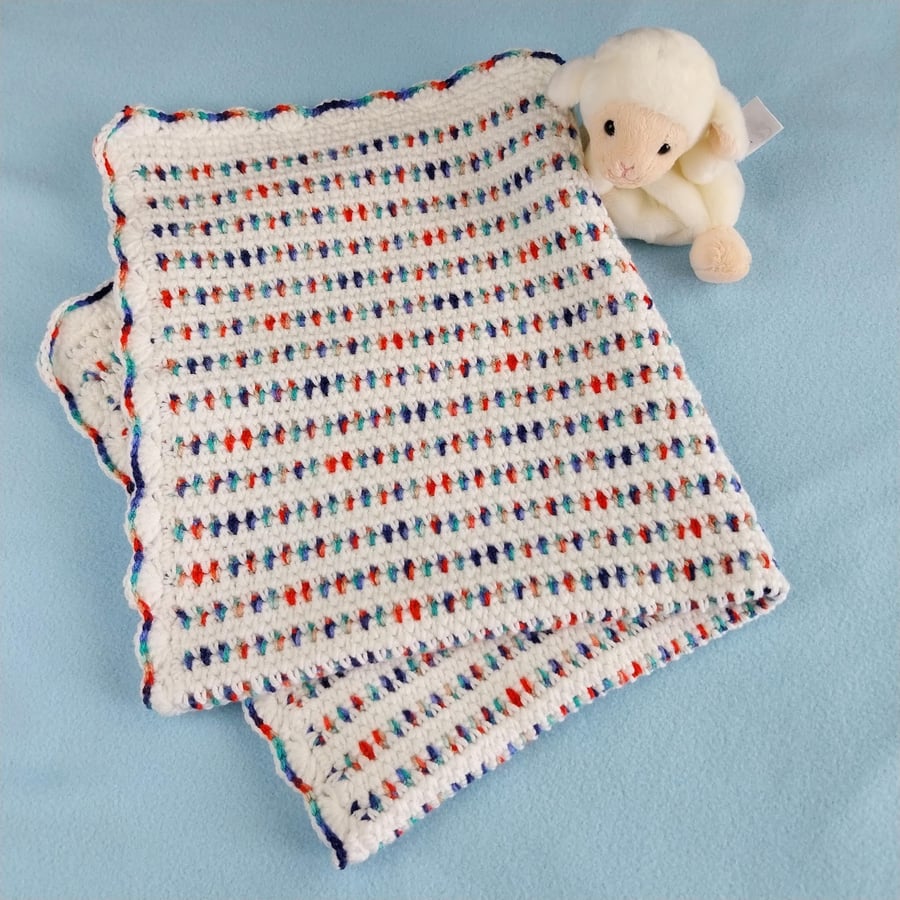 Crochet Baby Blanket, White Multicolour Car Seat Blanket, Newborn Gift