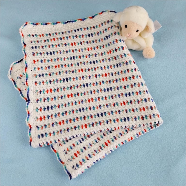 Crochet Baby Blanket, White Multicolour Car Seat Blanket, Newborn Gift